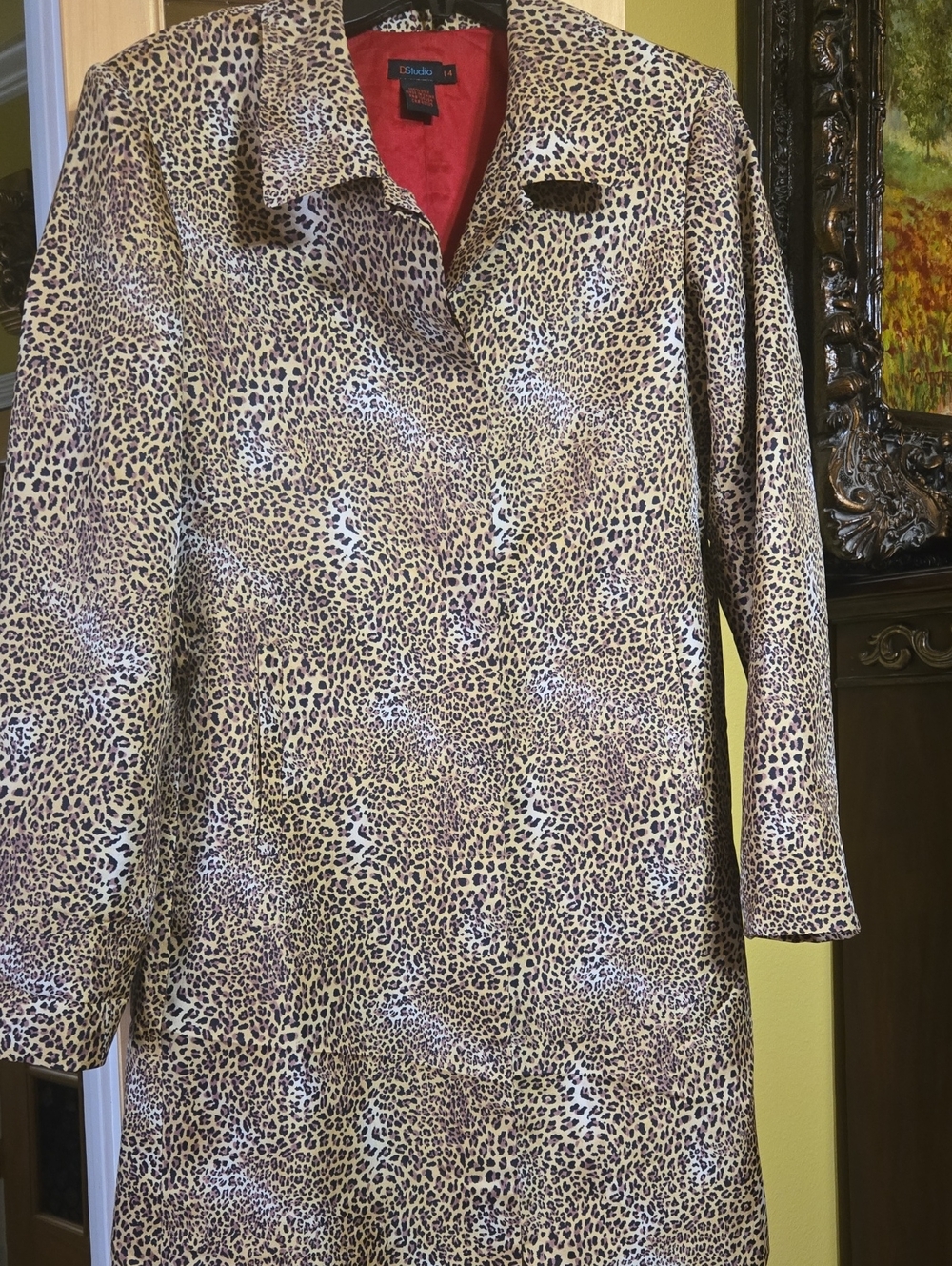 D Studio Animal Cheetah/ Leopard Print 100 % Silk Trench with Lipstic Red lining